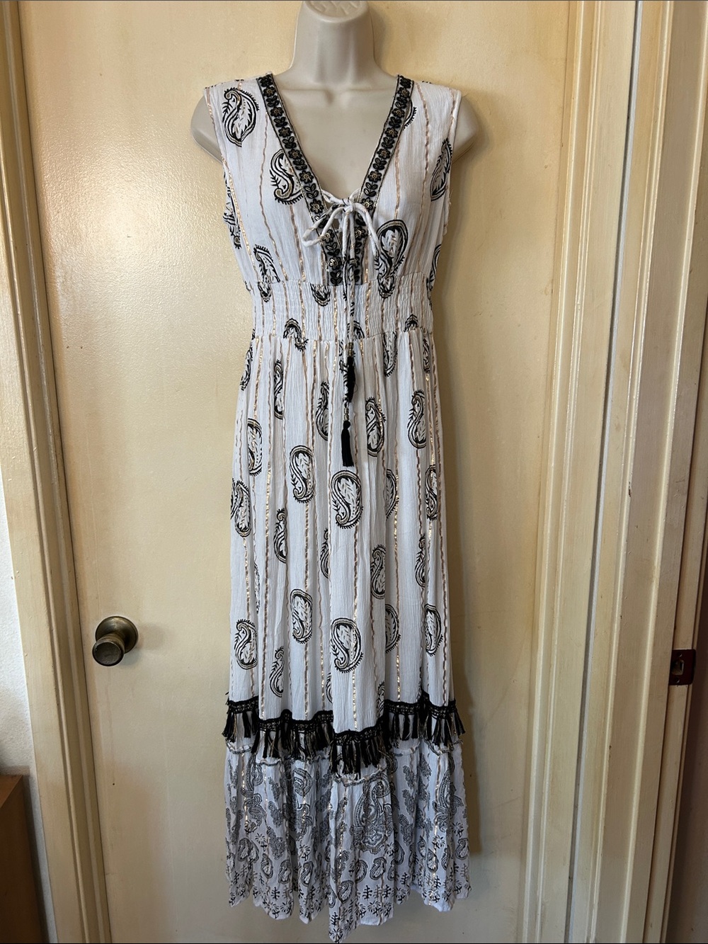 Me 2 Magic Boho Cream and Black Maxi Dress with Metallic Stripes size M